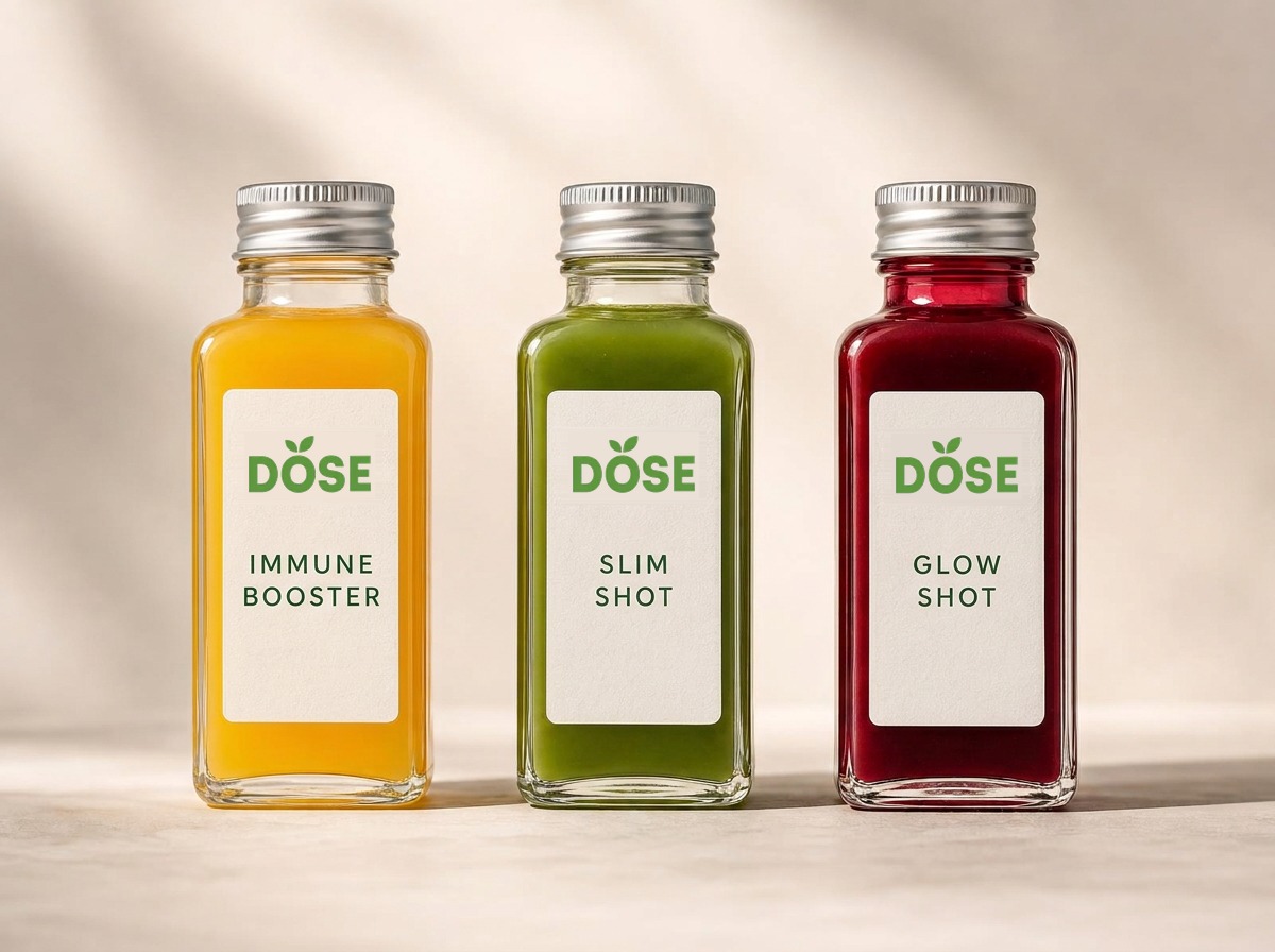 Three DOSE wellness shots — yellow Immune Booster, green Slim Shot and red Glow Shot — lined up on a cream surface
